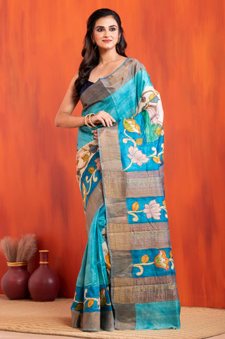 Tussar Kantha Stitch with hand paint lotus motif