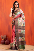 Tussar Kantha Stitch with red rose gold hand paint flower motif