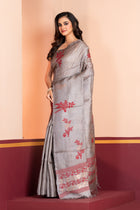 Pure Tussar Silk Jamdani Grey Brown
