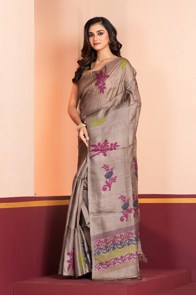 Pure Silk Tussar Jamdani Biscuit Brown saree festive
