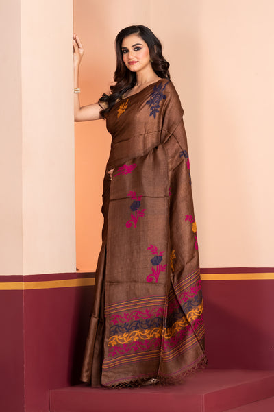 Pure Silk Tussar Jamdani Dark Brown saree festive