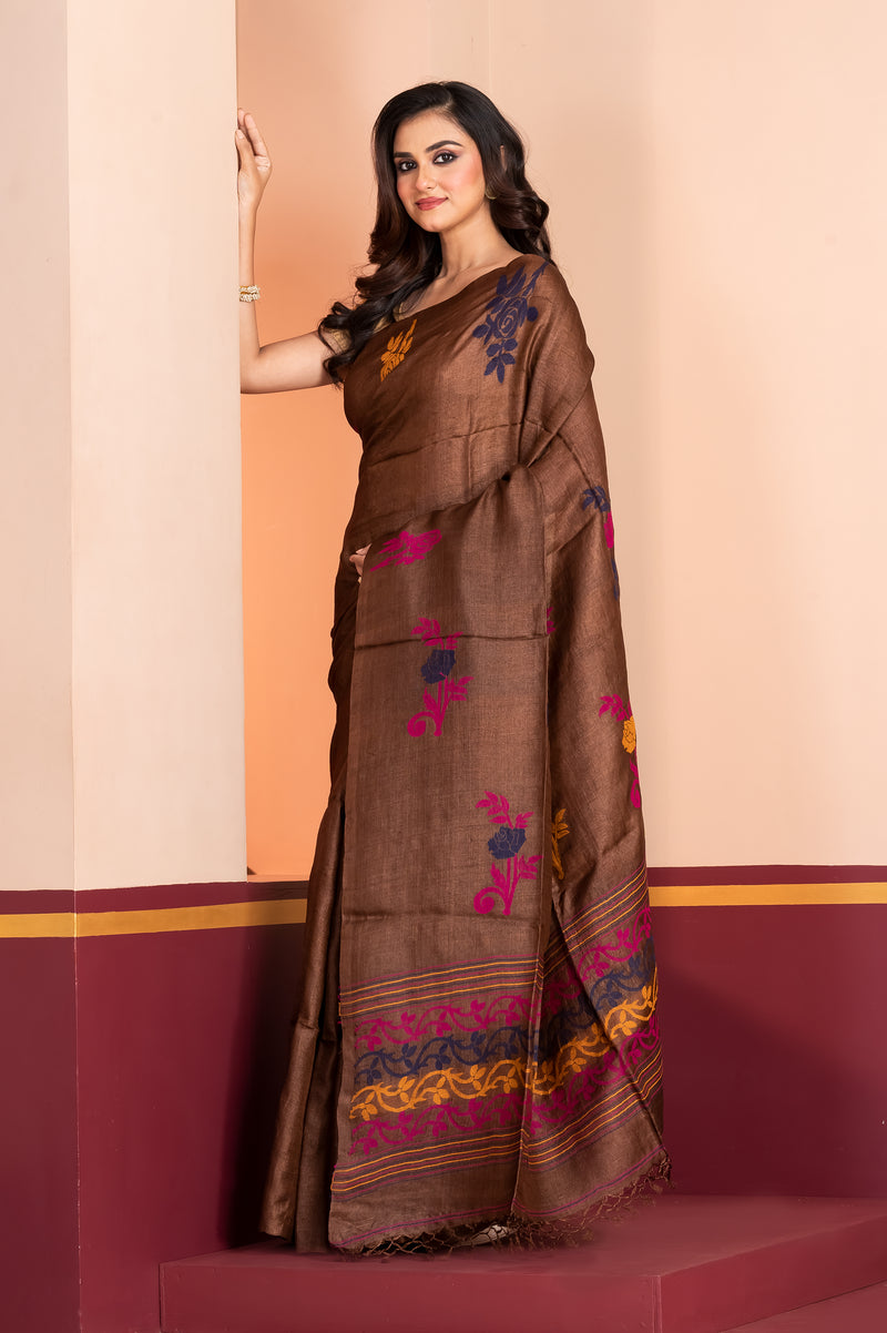 Pure Tussar Silk Jamdani Dark Brown