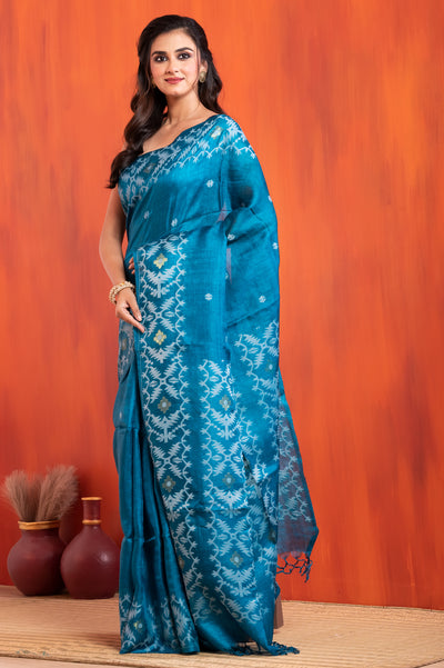 Pure Silk Tussar Jamdani Blue saree festive
