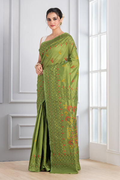 Hand Embroidery Stitche Green saree festive discount