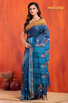 Vidarbha Pure Tussar Blue With Gujrathi Stitch