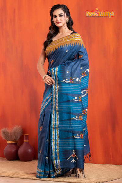 Vidarbha Pure Tussar Blue With Gujrathi Stitch saree festive