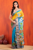 Tussar Kantha Stitch with blue yellow hand paint peacock motif