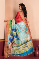 Tussar Kantha Stitch with dark red dark brown hand paint flower motif