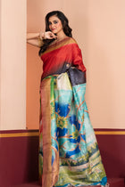 Tussar Kantha Stitch with dark red dark brown hand paint flower motif
