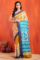 Tussar Kantha Stitch with golden and sky hand paint flower motif
