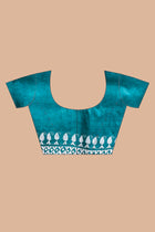 Tussar Kantha Stitch with golden and sky hand paint flower motif