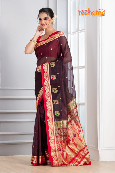 Pure Silk Paithani with black body with sea red Pallu