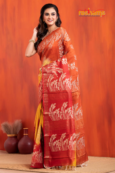 PURE PRINTED TUSSAR SILK YELLOW RED saree festive