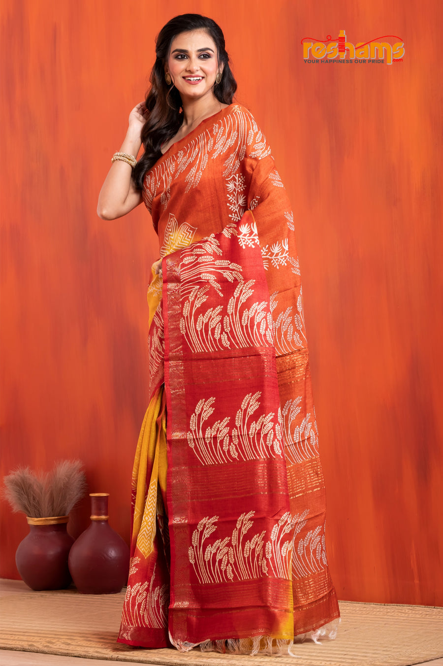 PURE PRINTED TUSSAR SILK YELLOW RED