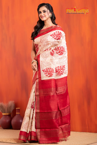 PURE PRINTED TUSSAR SILK WHITE RED saree festive