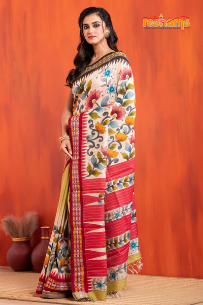 Vidarbha Pure Tussar White Red Kalamkari saree festive