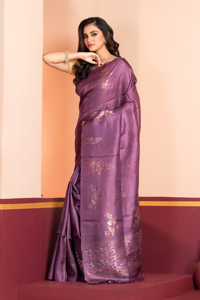 Pure Silk Tussar Jamdani Purple saree festive