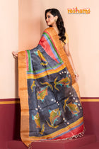 Tussar Kantha Stitch with red black hand paint fish motif
