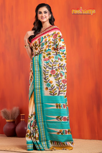 Vidarbha Pure Tussar White Sea Green Kalamkari saree festive