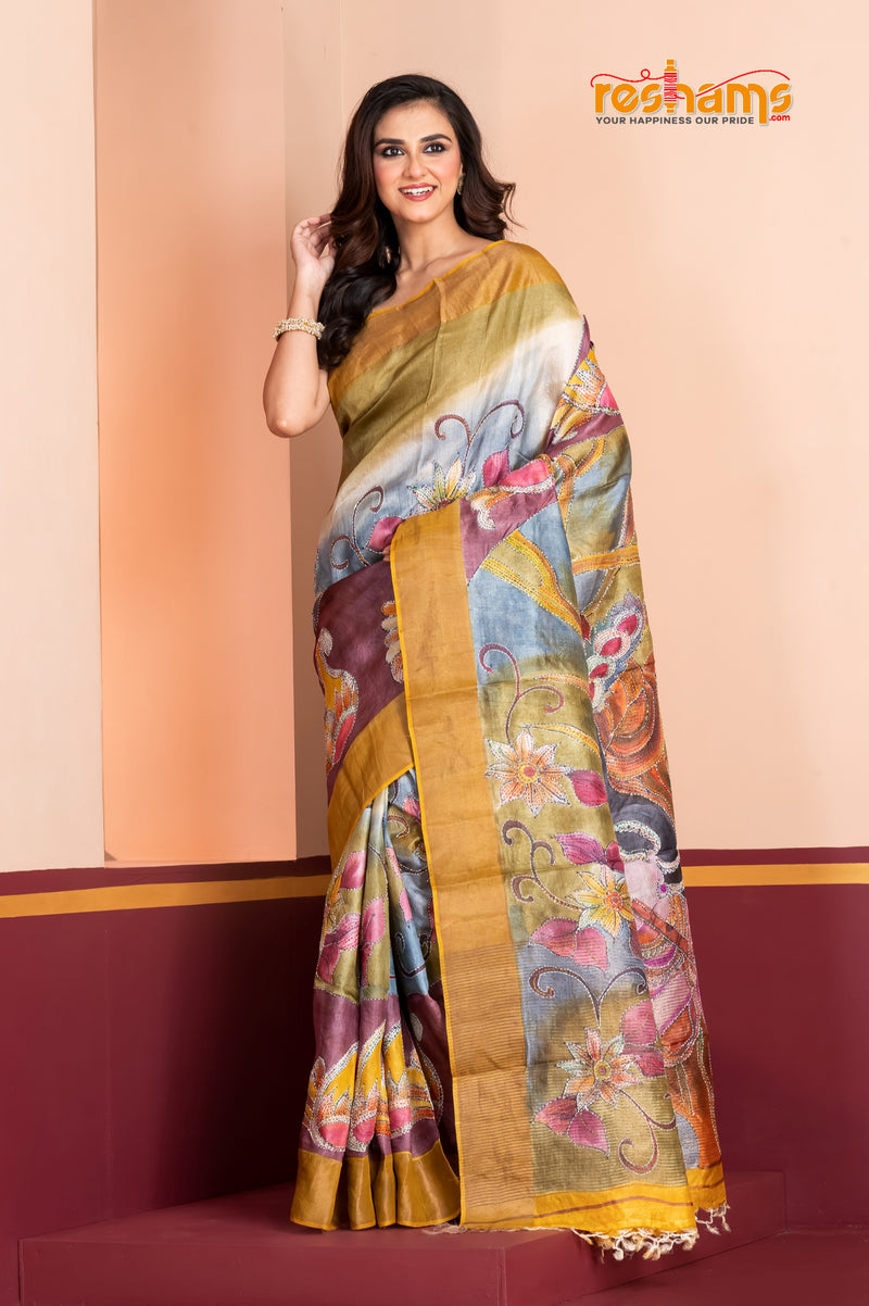 Tussar Kantha Stitch with golden purple hand paint radha krishna motif