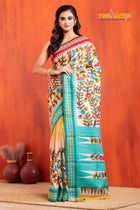 Vidarbha Pure Tussar White Sea Green Kalamkari