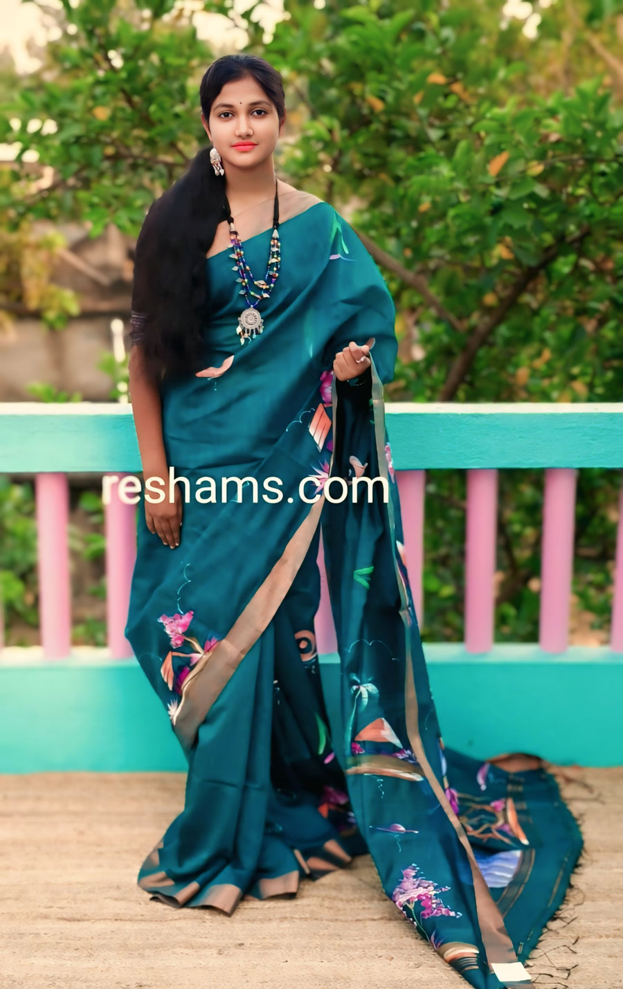 Linen Cotton Hand Paint Saree – Greenish Blue Body with Golden Zari Border