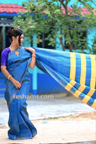 Bishnupuri Katan Silk Saree in Sapphire Blue - Mangalgiri Pattern Handwoven