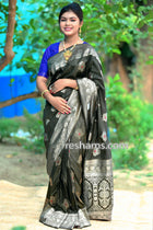 Dark Green Silk Saree in Flower Print  – with Silver Zari Border