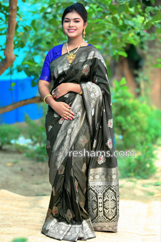 Dark Green Silk Saree in Flower Print  – with Silver Zari Border