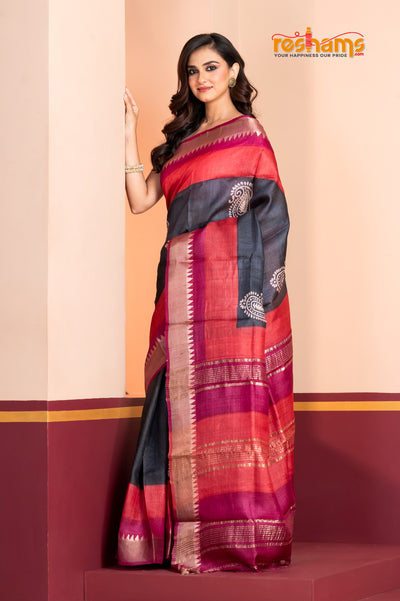 PURE PRINTED TUSSAR SILK BLACK saree festive