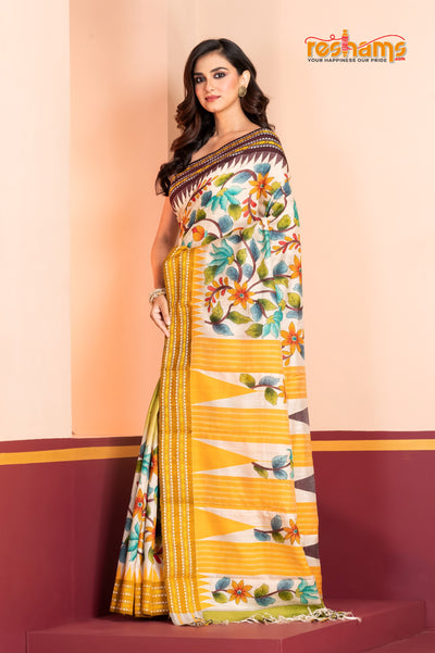 Vidarbha Pure Tussar White Yellow Kalamkari saree festive