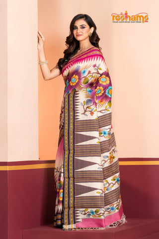 Vidarbha Pure Tussar White Purple Kalamkari