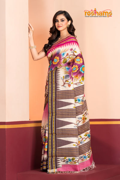Vidarbha Pure Tussar White Purple Kalamkari saree festive