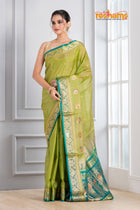 Pure Silk Paithani with green body with sea green Pallu