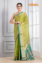 Pure Silk Paithani with green body with sea green Pallu
