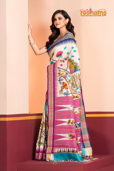 Vidarbha Pure Tussar White Kalamkari saree festive
