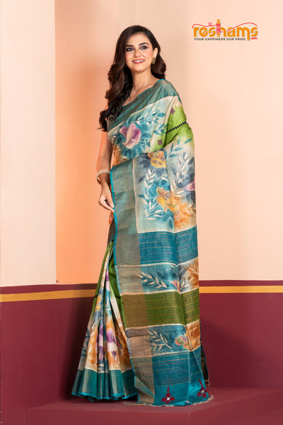 Tussar Kantha Stitch With Blue Sky Hand Paint Big Flower Motif saree festive