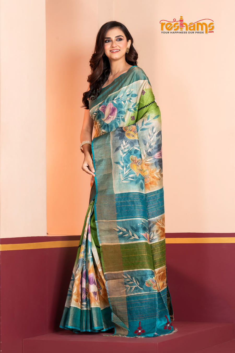 Tussar Kantha Stitch With Blue Sky Hand Paint Big Flower Motif