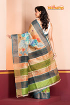 Tussar Kantha Stitch With Orange Green Hand Paint Big Flower Motif