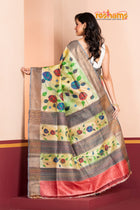 Tussar Kantha Stitch With Red Green Hand Paint Big Flower Motif