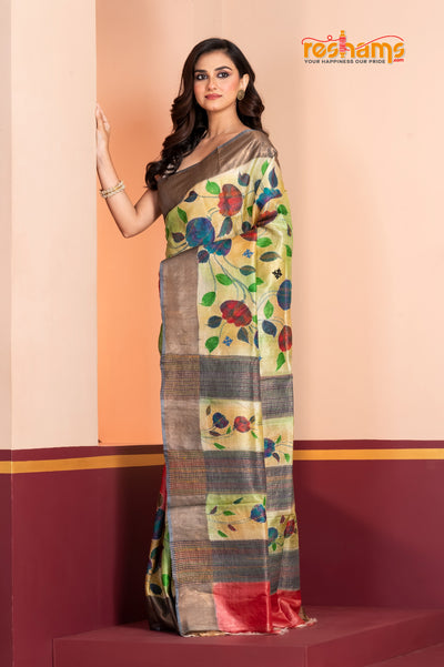 Tussar Kantha Stitch With Red Green Hand Paint Big Flower Motif saree festive