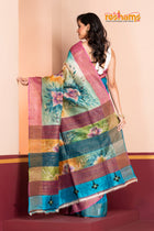 Tussar Kantha Stitch With Sky Pink Hand Paint Big Flower Motif
