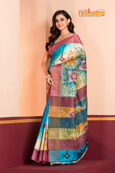 Tussar Kantha Stitch With Sky Pink Hand Paint Big Flower Motif saree festive