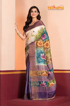 Tussar Kantha Stitch With White Purple Hand Paint Big Flower Motif