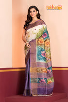 Tussar Kantha Stitch With White Purple Hand Paint Big Flower Motif