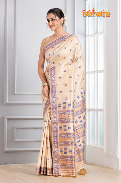 Assam Silk White Blue saree festive