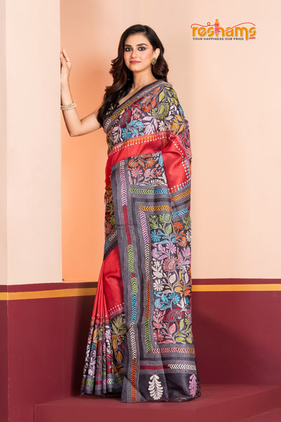 Tussar Kantha Stitch With Red Black Hand Paint Big Flower Motif saree festive