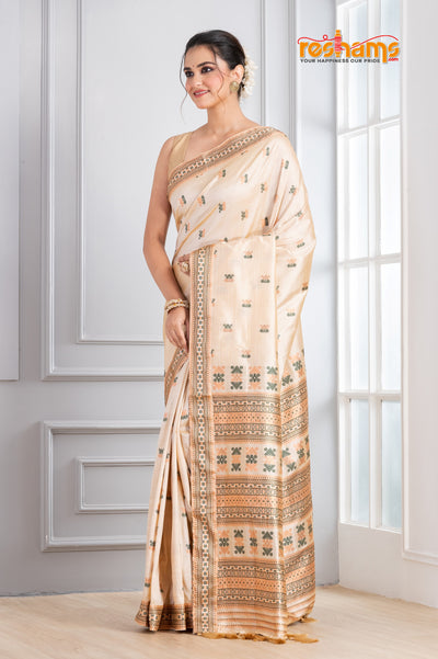 Assam Silk White Copper saree festive