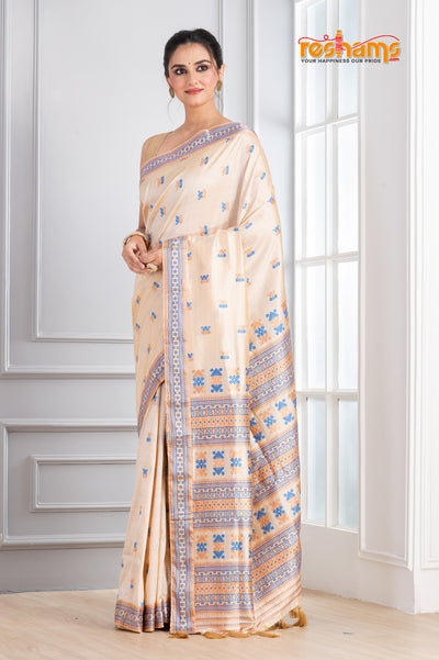 Assam Silk White Gold Blue saree festive