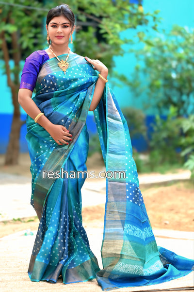 Tussar Printed Silk Saree in Blue Colour - Handwoven